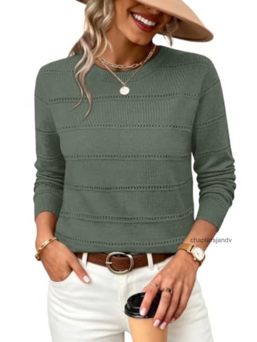 WIHOLL Hollow Out Knit Sweater Women's Crew Neck Long Sleeve Business Casual